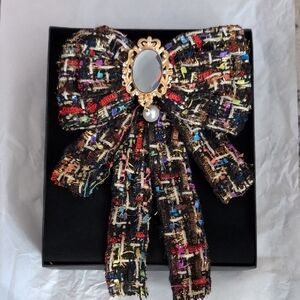 Multicolor Tweed Bow Brooch with Gold Mirror Accent